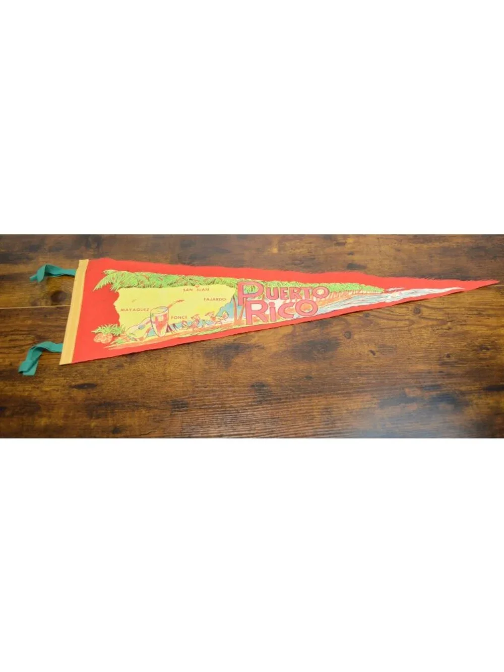 Vintage Puerto Rico Souvenir Felt Pennant With Map & Illustrations 26.5 inches